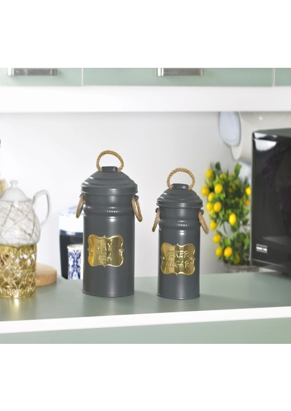 Metal Çay Şeker Saklama Kova Antrasit 2'li