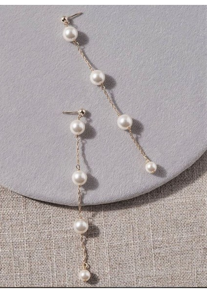 Handmade Gümüş Kaplama Uzun Sallantılı Inci Kadın Küpe