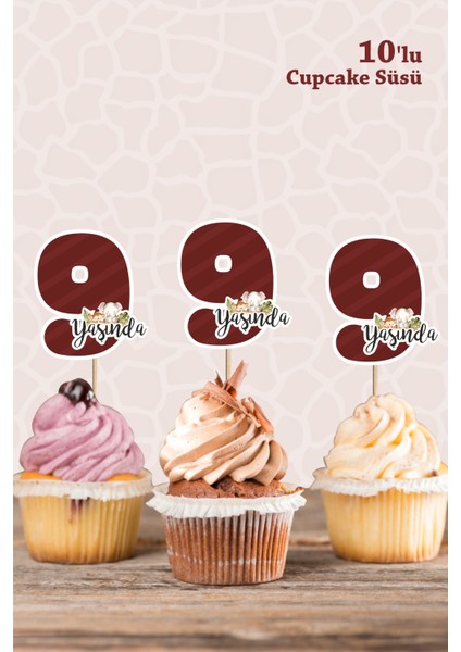 Safari Hayvanları Pastel 9 Yaşında Cupcake Süsü *10'lu Kalın Kağıt