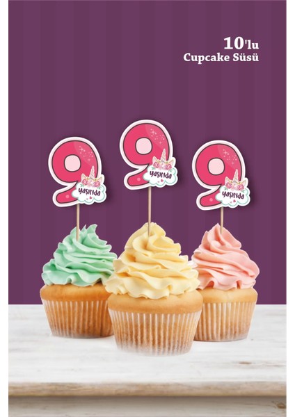 Unicorn Temalı * 9 Dokuz Yaşında Cupcake Süsü '10LU