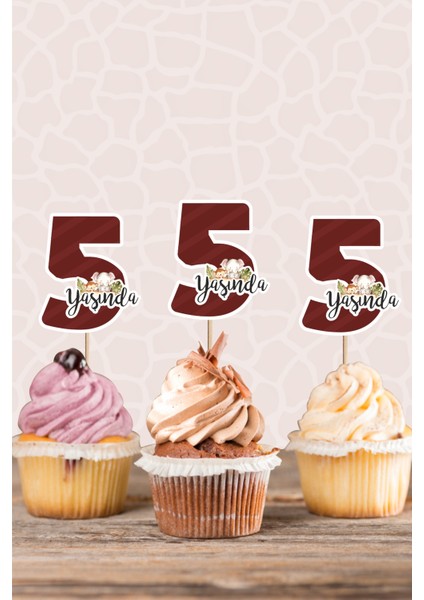 Safari Hayvanları Pastel 5 Yaşında Cupcake Süsü *10'lu Kalın Kağıt