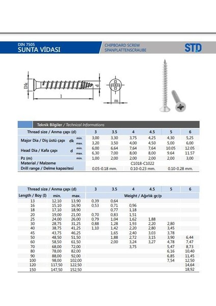 3,5X18 Ahşap Sunta Mdf Vidası 50 Adet STD3518