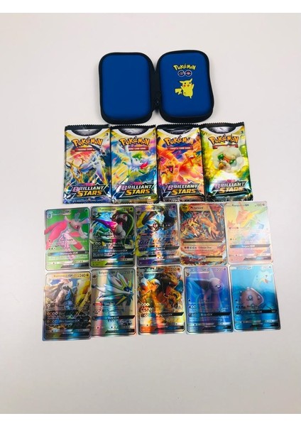 Pokemon Kart 4 Paket Brıllıant Stars, 10 Adet Gx Pokemon Kart ve Pokemon Koruma ve Saklama Çantası