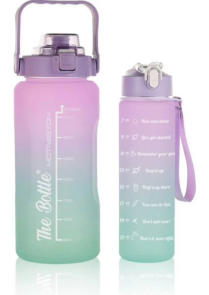 The Bottle Motivasyonel 2li Pipetli Stickerli Su Matarası Su Şişesi Suluk 2LT+900ML Yavrulu Tritan Su Şişesi Suluk Motivasyonset-2