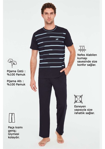 - Erkek Lacivert Yuvarlak Yaka Pijama Takımı 3825