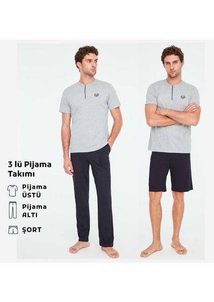 - Erkek Gri Melanj 3 lü Pijama Takımı