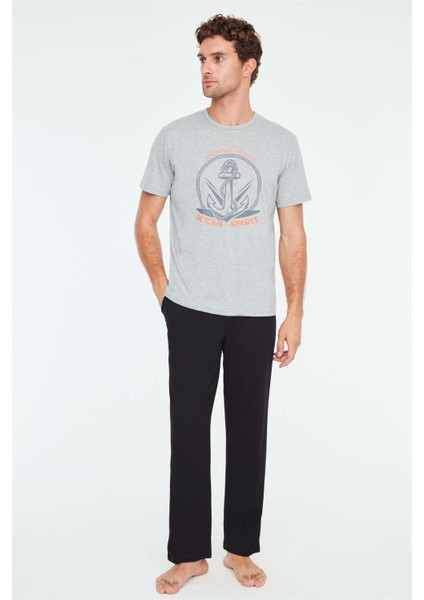 - Erkek Gri Melanj Yuvarlak Yaka Pijama Takımı