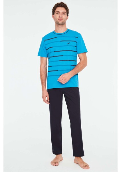 - Erkek Turkuaz Yuvarlak Yaka Pijama Takımı 3825