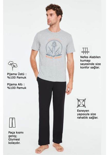 - Erkek Gri Melanj Yuvarlak Yaka Pijama Takımı