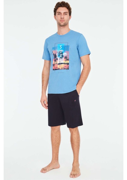 - Erkek Indigo T-Shirt Şort Takımı