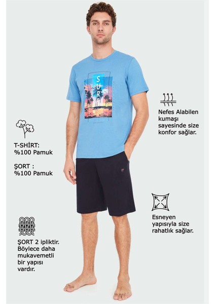 - Erkek Indigo T-Shirt Şort Takımı