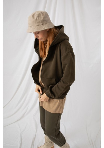 Kadın Oversize Fermuarlı Kapüşonlu Haki Sweatshirt