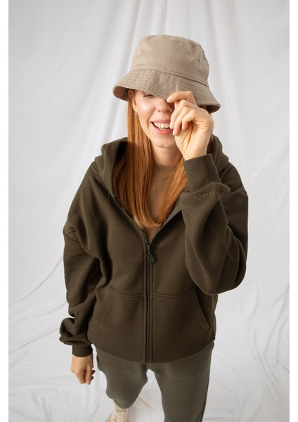 Kadın Oversize Fermuarlı Kapüşonlu Haki Sweatshirt