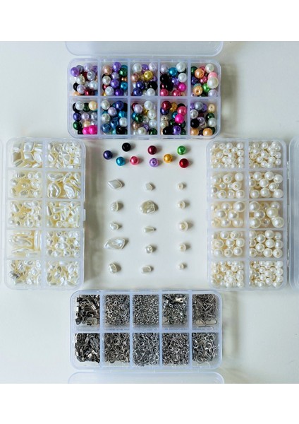 NO:155 4 Kutulu Hobi Takı Yapım Seti Akrilik Inci ve Renkli Inci 970 Adet Metal Takı Malzemeleri