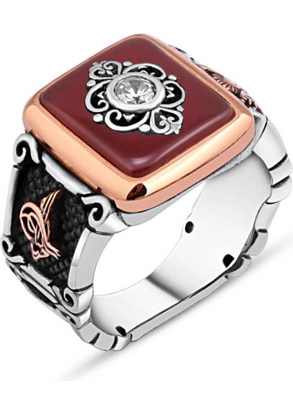 Akik Taş Ortası Zirkon Taşlı Motifli Erkek Yüzük