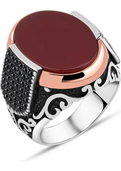 Düz Akik Taş Kenarları Minik Siyah Zirkon Taşlı Erkek Yüzük