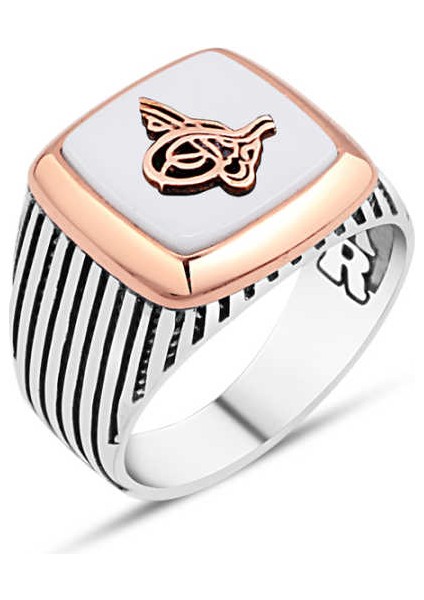 Beyaz Oniks Taş Üzeri Tuğralı Erkek Yüzük