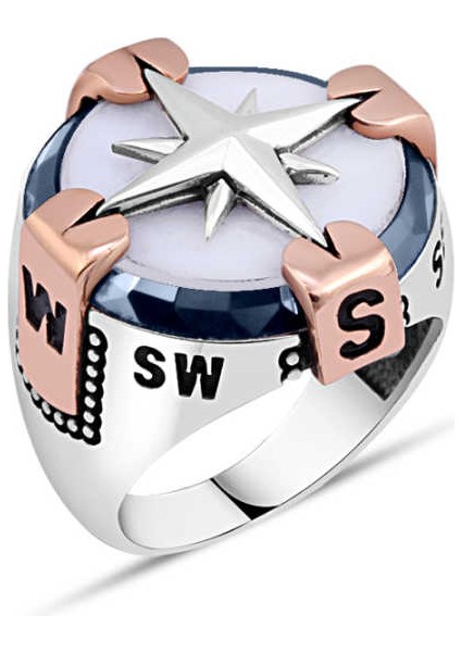 Beyaz Oniks Taşlı Pusulalı Erkek Yüzük