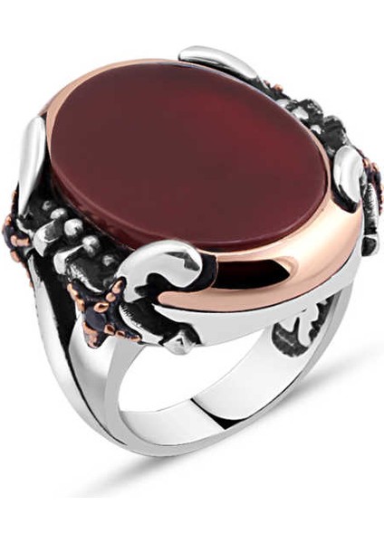 Düz Akik Taşlı Kenarları Kılıçlı Erkek Yüzük