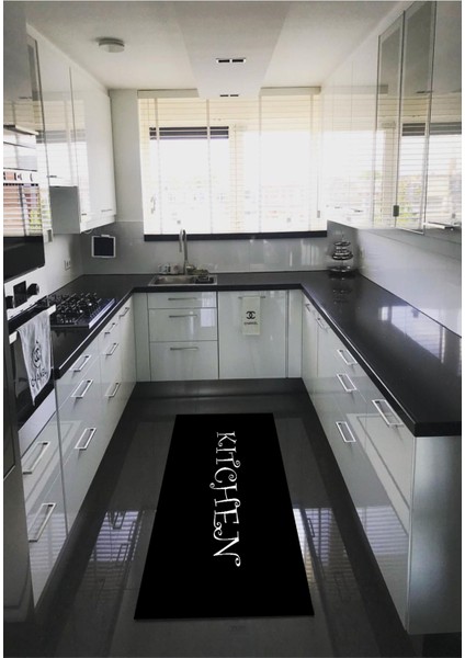 dijital Baskılı Kaymaz Taban Yıkanabilir Kitchen Siyah Zemin Desenli Mutfak Halısı