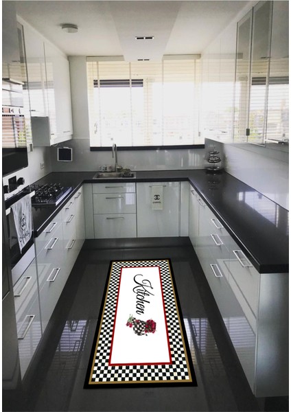 dijital Baskılı Kaymaz Taban Yıkanabilir Kitchen Damalı Desenli Mutfak Halısı