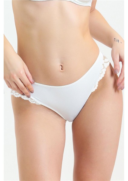 770 Kadın Ekru Önü Kumaş Arkası Dantel Normal Külot