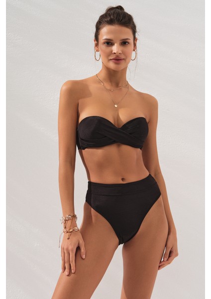 Bonie Dolgulu Straplez Yüksek Bel Bikini Takım Siyah 231225 modelleri