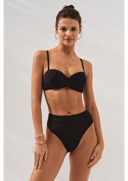 Bonie Dolgulu Straplez Yüksek Bel Bikini Takım Siyah 231225 fırsatları