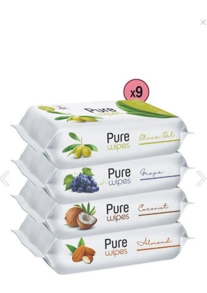 Wipes Islak Mendil 50 Yaprak 36'lı (Hindistan Cevizi 9'lu + Badem 9'lu + Zeytin Yağı 9'lu+ Üzüm 9'lu)
