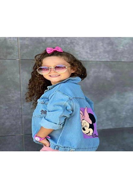 Kız Çocuk Kot Ceket Sırtı Pembe Minnie Baskılı