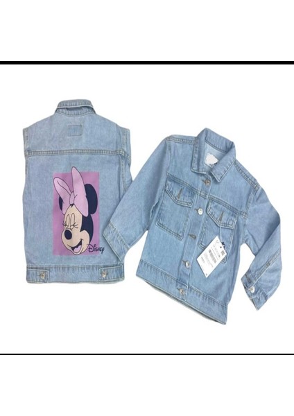 Kız Çocuk Kot Ceket Sırtı Pembe Minnie Baskılı modelleri
