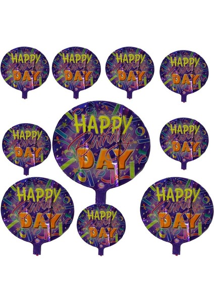 Happy Birthday Konfeti Temalı Parti Balonu Mor Renk 10 Adet 45 cm