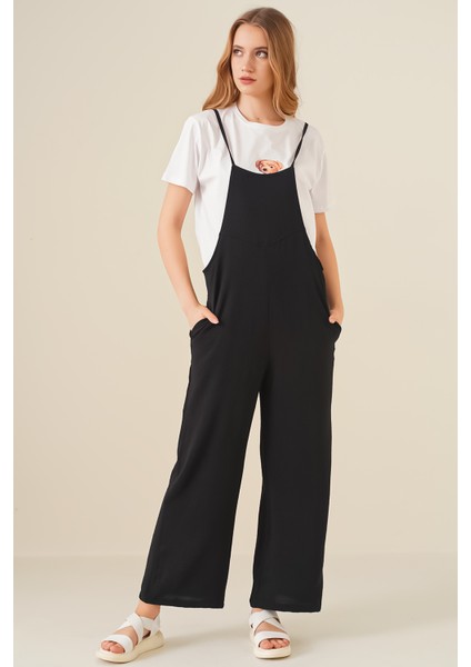 Kadınlar İçin Askılı Bahçivan Tulum %97 Polyester Şık Siyah Tasarım