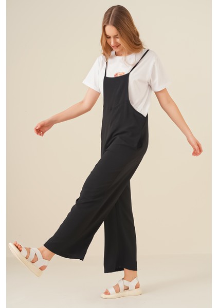 Kadınlar İçin Askılı Bahçivan Tulum %97 Polyester Şık Siyah Tasarım fırsatları
