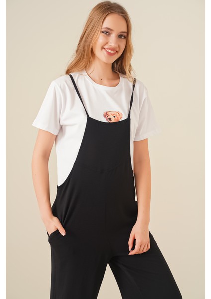 Kadınlar İçin Askılı Bahçivan Tulum %97 Polyester Şık Siyah Tasarım indirimleri