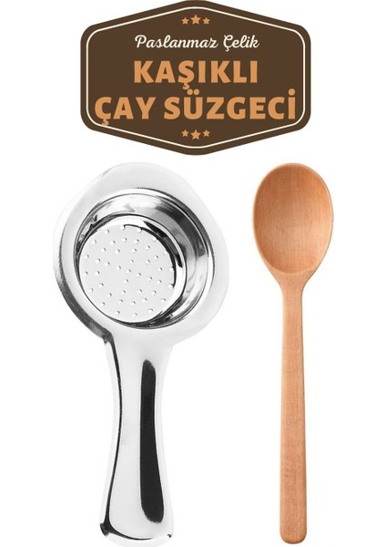 Paslanmaz Metal Çay Süzgeci Ahşap Kaşık Seti 714340