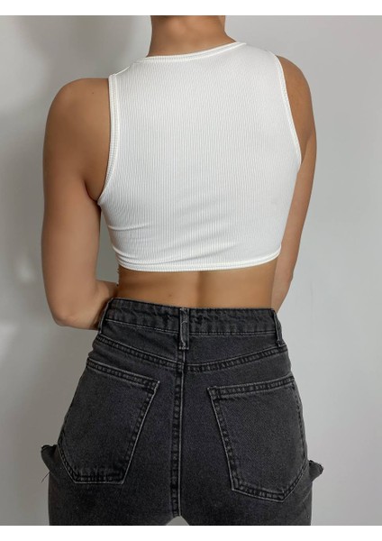 Kadın Lkralı Slimfit Kolsuz Crop Taş Aksesuarlı