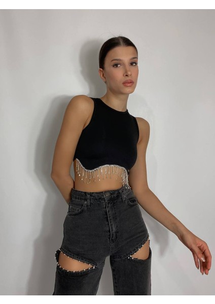 Kadın Lkralı Slimfit Kolsuz Crop Taş Aksesuarlı
