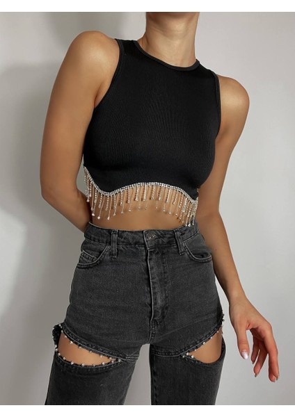 Kadın Lkralı Slimfit Kolsuz Crop Taş Aksesuarlı fiyatları