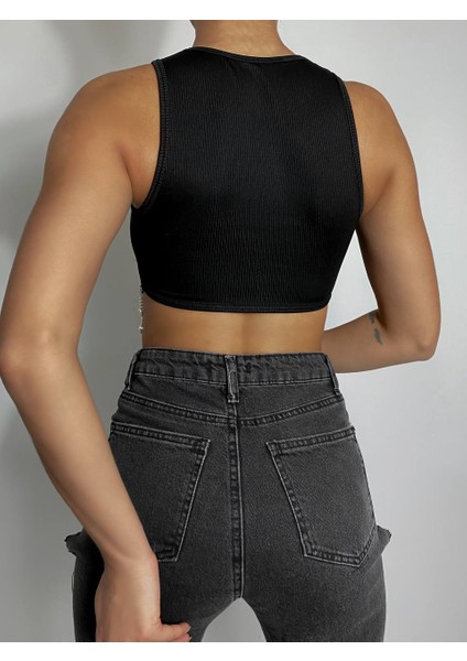 Kadın Lkralı Slimfit Kolsuz Crop Taş Aksesuarlı modelleri