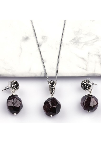 Garnet - Lal Doğal Taş Kolye - Küpe 2'li Set