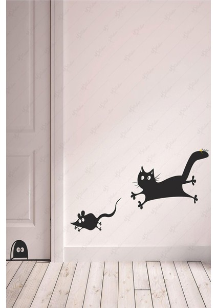 Sevimli Kedi ve Fare Sticker Seti, Fareyi Kovalayan Kedi Cam Duvar Dekorasyon Seti
