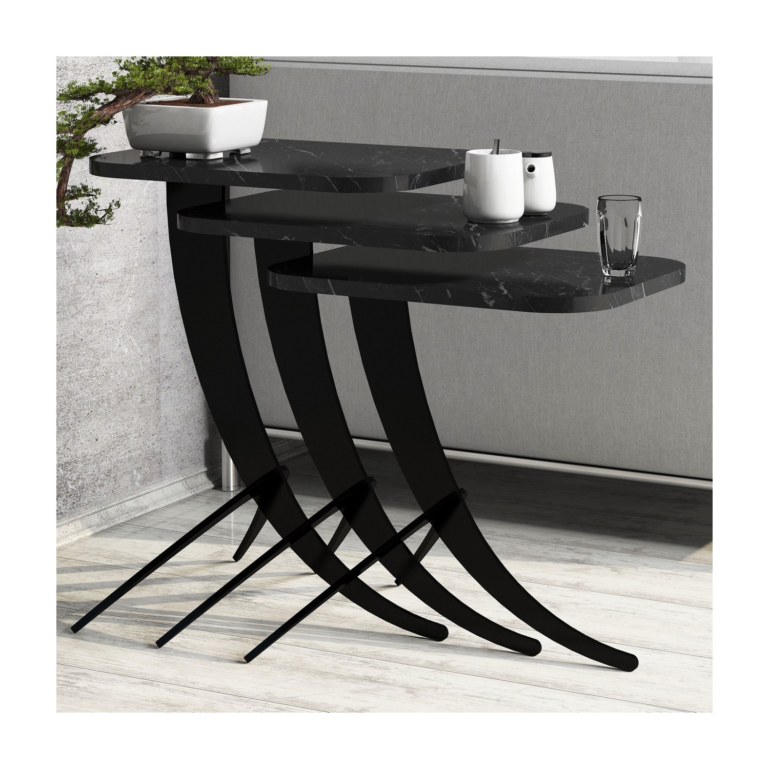 Variant Mobilya Pion Metal Ayaklı 3�lü Zigon Sehpa Siyah