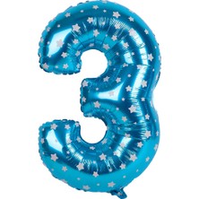 Partijet 3 Rakam Mavi Yıldız Folyo Balon 40 cm