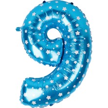 Partijet 9 Rakam Mavi Yıldız Folyo Balon 40 cm