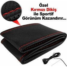 Car19 Direksiyon Kılıfı Dikmeli Deri Direksiyon Kılıfı Noktalı Kırmızı Dikişli