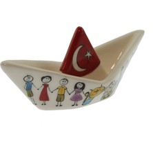 Otantik Çini Türk Bayraklı Mutlu Aile Dekorlu Gemi Çini Biblo Porselen Tarz
