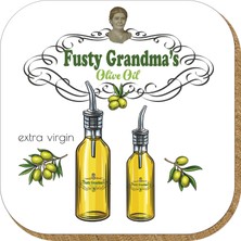 Pictor Gift Hediyelik Metal Mantar Tabanlı Fusty Grandma's Olive Oil Zeytinyağı 4'lü Bardak Altlığı Seti