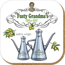 Pictor Gift Hediyelik Metal Mantar Tabanlı Fusty Grandma's Olive Oil Zeytinyağı 4'lü Bardak Altlığı Seti