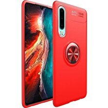 Tekno Grup Huawei P30 Kılıf Ultra Korumalı Yüzüklü Manyetik Ravel Silikon Kırmızı + Cam Ekran Koruyucu